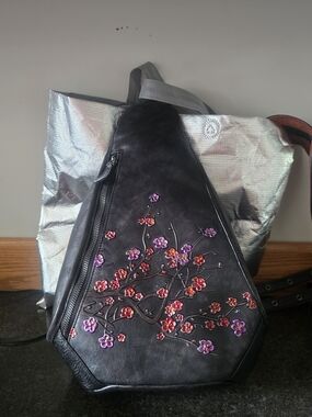 Embroidered Black Leatherette Crossbody Sling Bag with Floral Accents